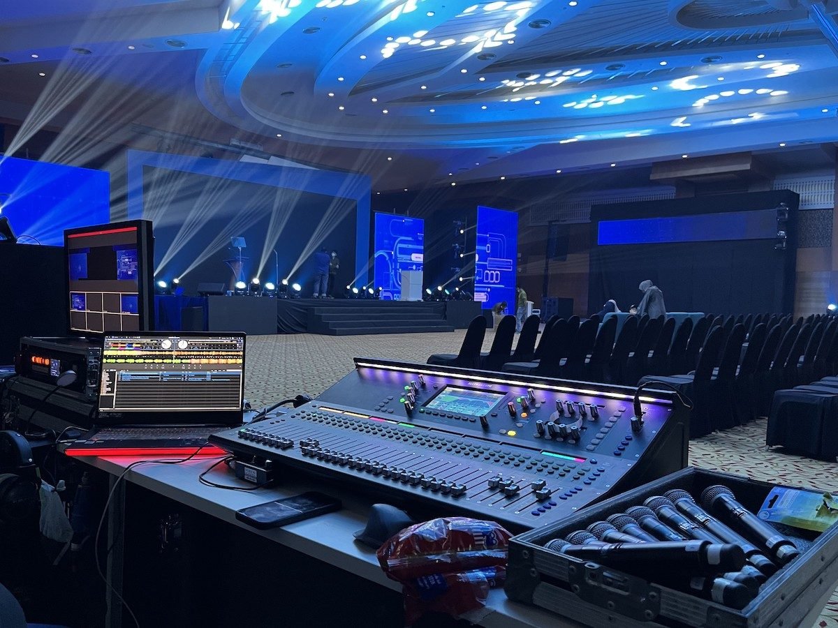 Professional sound system speakers at an event